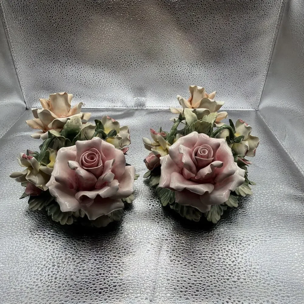 Pair Of Vintage Porcelain Floral Capodimonte Candle Holders Centerpiece